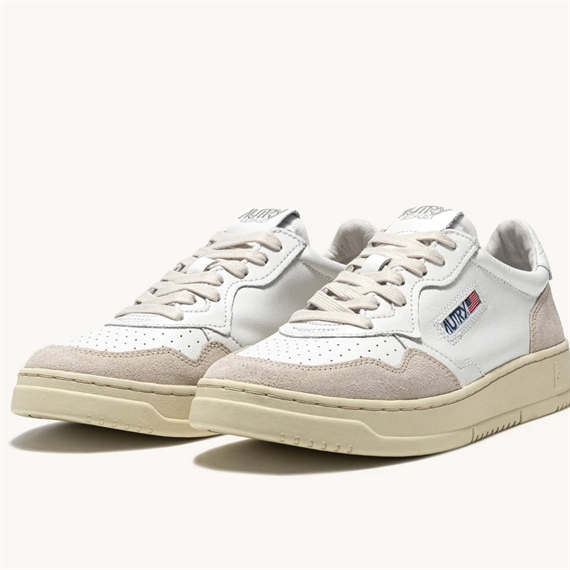 Autry Medalist Low Sneakers, White Leather & Beige Suede 